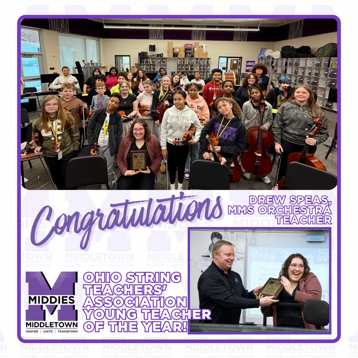 photo of Drew Speas and her orchestra class holding instruments and a photo of the principal handing the teacher the award
